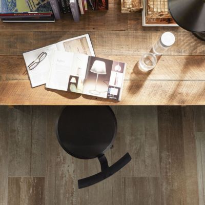 wood look tile floors in a rustic home office